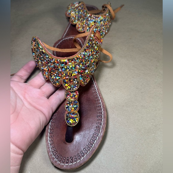 Beaded Boho Leather Sandals Size 41